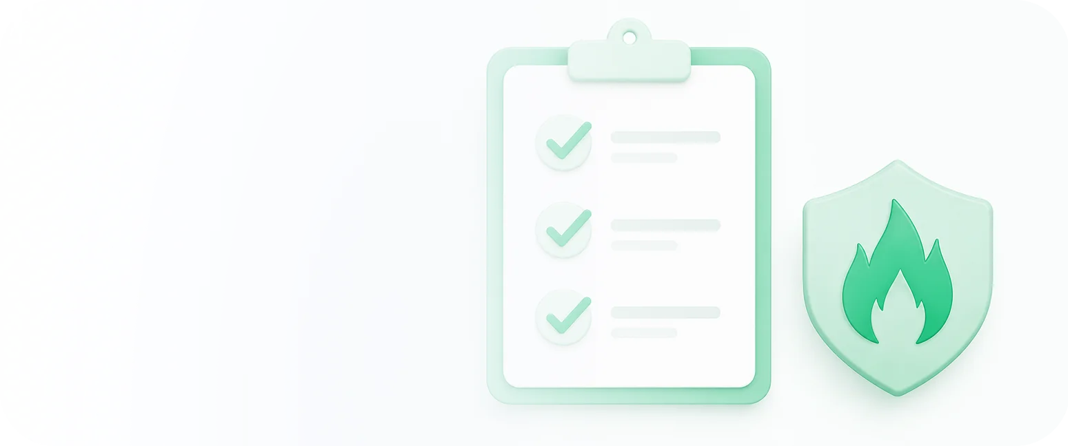 Fire safety checklist clipboard beside a flame shield icon