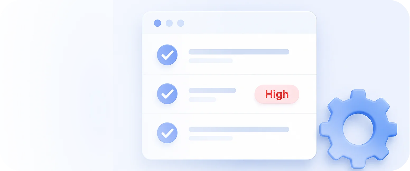 Maintenance work order checklist with a high-priority ticket and settings gear
