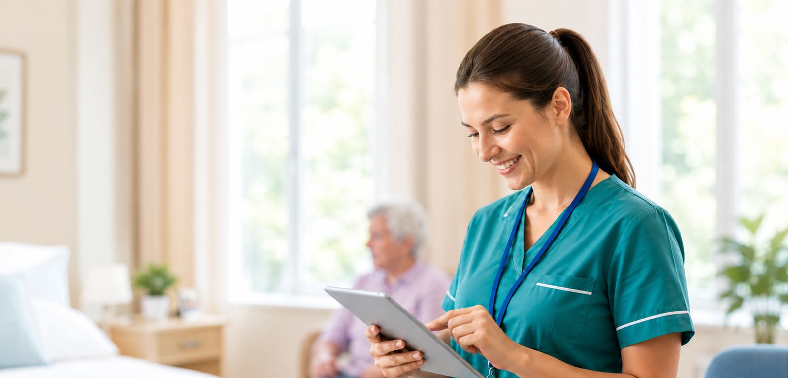 Smiling care home nurse updating maintenance records on a tablet while a resident relaxes in the background